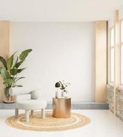 salón estilo muji en tonos cálidos con butaca y decoración minimal. representación de ilustración 3d