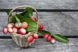 Karanda, Carunda or Christ's thorn fruits with leaf in basket on vintage wooden table  background. photo