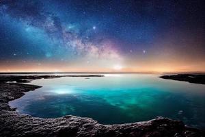below the water is a robust tidepool above the water is the milky way galaxy above a crystalline lake, photo