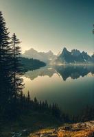 Winding river and lively trees in the mountains day photo