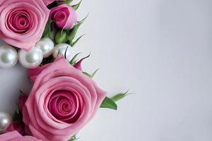 Pink rose and pearls, floral, feminine, mothers day, women's day copy space photo