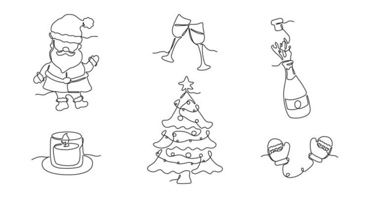 Set of continuous one line drawings of Christmas tree, Santa Claus, mittens, candle, champagne bottle and glasses. Collection of characters and elements for design, greeting card and banner