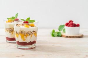 homemade mango and raspberry with yogurt and granola photo