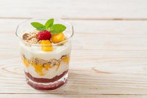 homemade mango and raspberry with yogurt and granola photo