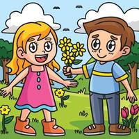 niño dando flores a niña dibujos animados de colores vector