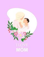 madre e hijo musulmanes con flores. feliz día de las madres aislado sobre fondo blanco - ilustración vectorial vector