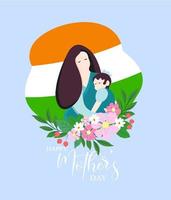 Card of Happy Mothers Day. Vector illustration with beautiful woman and child - Indian language calligraphy mother s font. Vector.