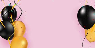 globos de helio negros y amarillos sobre fondo rosa. Globos de látex voladores. ilustración vectorial fondo de vacaciones para tarjeta, póster, folleto, cupón. vector