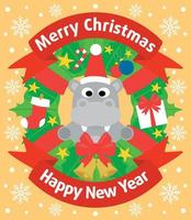 Christmas and New Year background card with hippopotamus vector