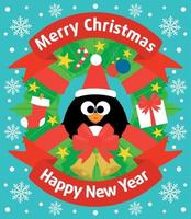 tarjeta de fondo de navidad y año nuevo con pingüino vector