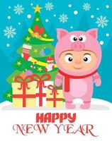 Happy New Year background with child in costume pig vector