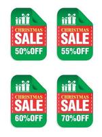 Set of Christmas green sale stickers. Christmas sale 50, 55, 60, 70 off. Stickers with gift boxes icon vector