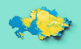 Kazakhstan map with the flag Colors Blue and yellow Shaded relief map 3d illustration photo