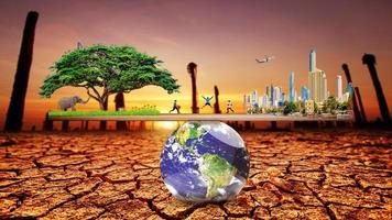 Carbon Neutral and ESG Concepts Carbon Emissions Clean Energy Globe Balance between Sustainable Resource Forests Caring for the Environment and Polluted Cities photo