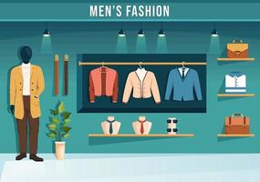 hombres de moda y atuendo de hombre de moda en boutique interior o tienda de ropa para comprar en dibujos animados planos dibujados a mano ilustración de plantillas vector