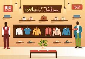 Fashion Men and Outfit of Fashionable Man in Boutique Indoor or Clothes Shop for Shopping on Flat Cartoon Hand Drawn Templates Illustration vector
