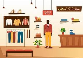 Fashion Men and Outfit of Fashionable Man in Boutique Indoor or Clothes Shop for Shopping on Flat Cartoon Hand Drawn Templates Illustration vector