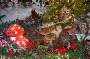 cute animals sit under a tree in winter in the forest. squirrels and fox are hiding from the snow. mushrooms and fir branches grow around. cute new year landscape, christmas eve photo