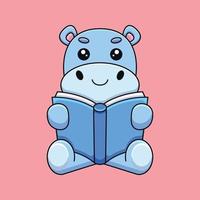 cute hippo reading book cartoon mascot doodle art hand drawn concept vector kawaii icon illustration