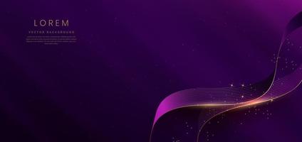 Luxury curve golden lines on dark purple  background with lighting effect copy space for text. Luxury design style. vector