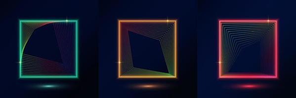 Set of colorful square line glowing neon lighting and frame design on dark blue background with copy space for text. vector
