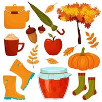 Autumn set with different isolated elements of boots, leaves, umbrella, socks and pumpkin. Vector colorful clipart for autumn design of postcards, banners or stickers.
