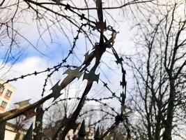 alambre de púas protector peligroso afilado de metal de hierro en la valla con púas y estacas contra el cielo foto