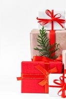 Many different gifts on white background. Christmas concept. photo