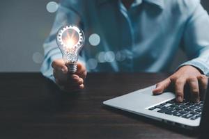 woman Hand holding Light bulb Global Internet connection. Business global internet connection application technology and digital marketing, Financial and banking, Digital link tech, big data. photo