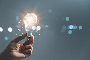 woman Hand holding Light bulb Global Internet connection. Business global internet connection application technology and digital marketing, Financial and banking, Digital link tech, big data. photo