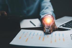 woman Hand holding Light bulb Global Internet connection. Business global internet connection application technology and digital marketing, Financial and banking, Digital link tech, big data. photo