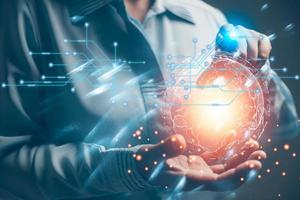 woman Hand holding Light bulb Global Internet connection. Business global internet connection application technology and digital marketing, Financial and banking, Digital link tech, big data. photo