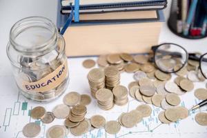Concept to saving money income for study, Calculating student finance costs and investment budget loan. close-up education object with stack money coin-cash dollar and glass jar on background. photo