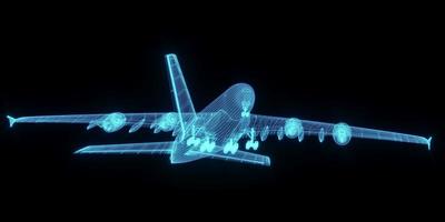 3D rendering illustration aeroplane blueprint glowing neon hologram futuristic show technology security for premium product business finance  transportation photo