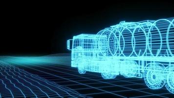 3D rendering illustration Oil truck blueprint glowing neon hologram futuristic show technology security for premium product business finance transportation photo