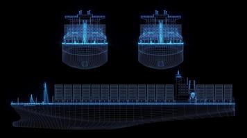3D rendering illustration cargo ship blueprint glowing neon hologram futuristic show technology security for premium product business finance transportation photo