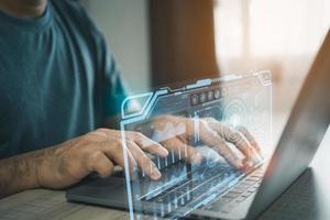 Man working with laptop for analyst working with business analytics and data management system. Making report for stat graph technology. Corporate strategy for finance, operations, sales, marketing. photo