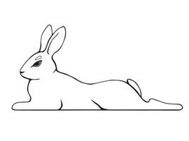 Line-drawn rabbit lies. Vector black and white illustration.