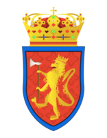 Brazão. leão coroado com machado e coroa. emblema real clássico. escudo de distintivo. ilustração colorida png.