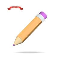 3d vector icon of pencil with eraser, realistic illustration isolated on white background.