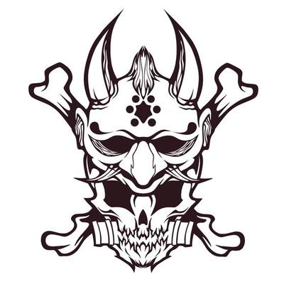 Illustration of skull head design and oni mask with two crossed bones