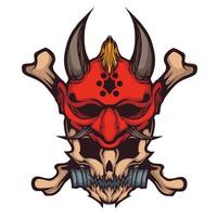 Illustration of skull head design and oni mask with two crossed bones vector