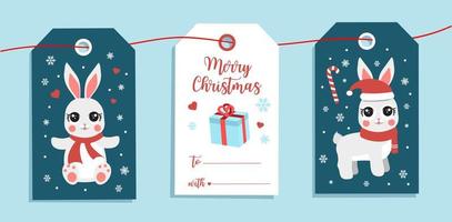 Christmas gift tags with cute bunny, vector illustration