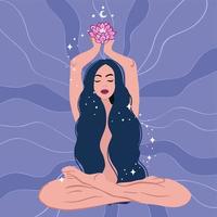 Spiritual magician girl, dream, thought and meditation concept. vector illustration