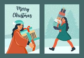 Greeting cards set Merry Christmas and Happy New Year. Trendy retro style. Preparing for the holiday concept. Vector design template