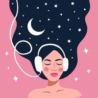 niña dormida con auriculares. mujer soñando en el cielo nocturno y las estrellas. ilustración vectorial vector