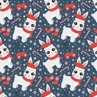 seamless pattern with christmas candy cane caramel, banny and snowflakes, endless background, repeating texture vector