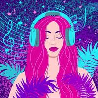 Retro Wave music album cover template with girl in headphones. Retro futuristic vector background