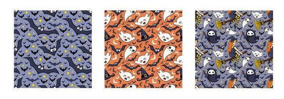 Halloween seamless patterns with Cute Funny Ghosts, Bats and witch. Vector Illustration