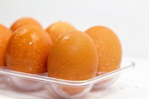 Close up of wet clean chicken eggs in a plastic box on white background. photo
